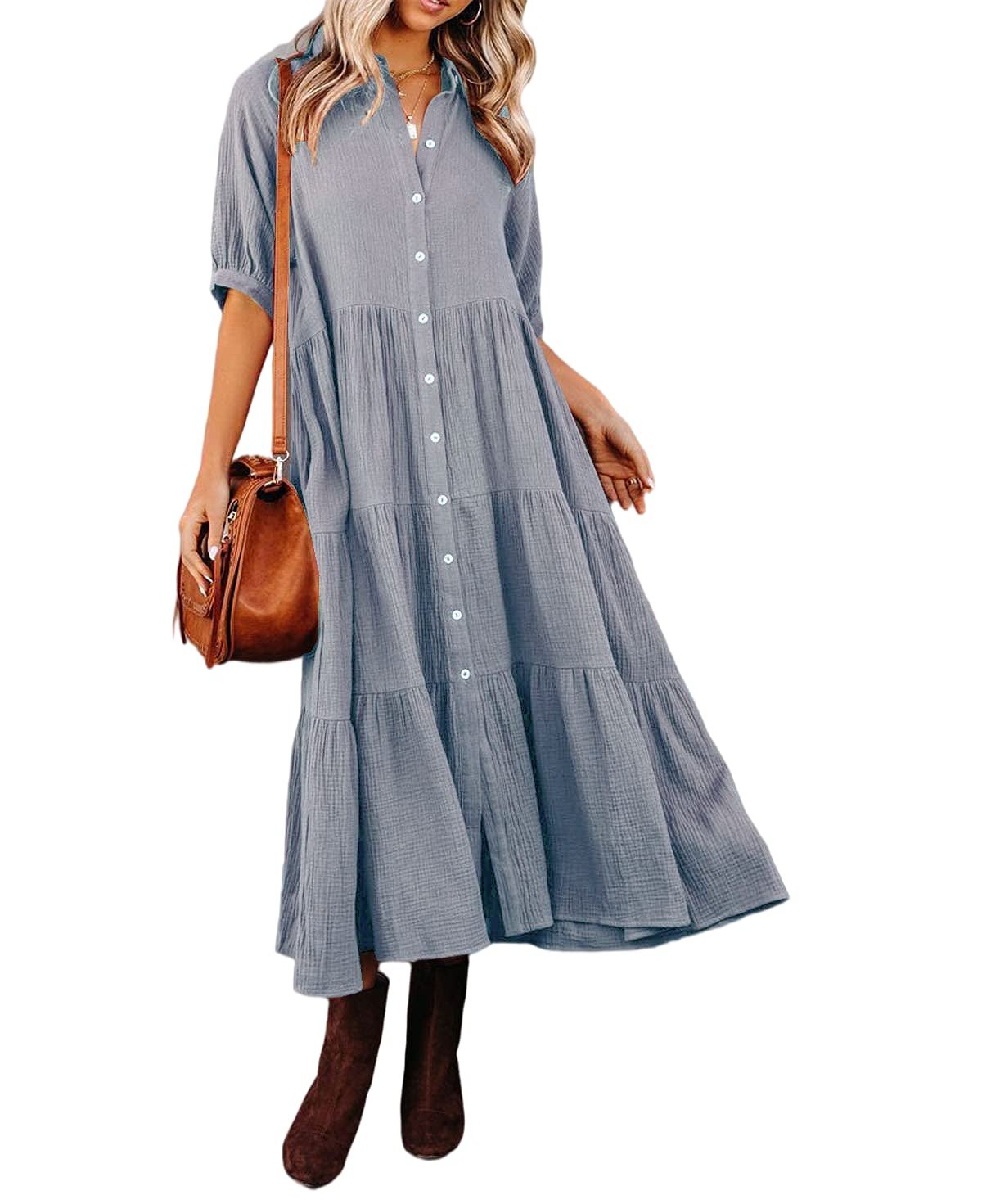 Gauze Button Front Collar Half Sleeve Tiered Pocket Midi Dress