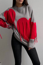Casual Street Heart Shaped Fringed Trim Weave Contrast O Neck Tops
