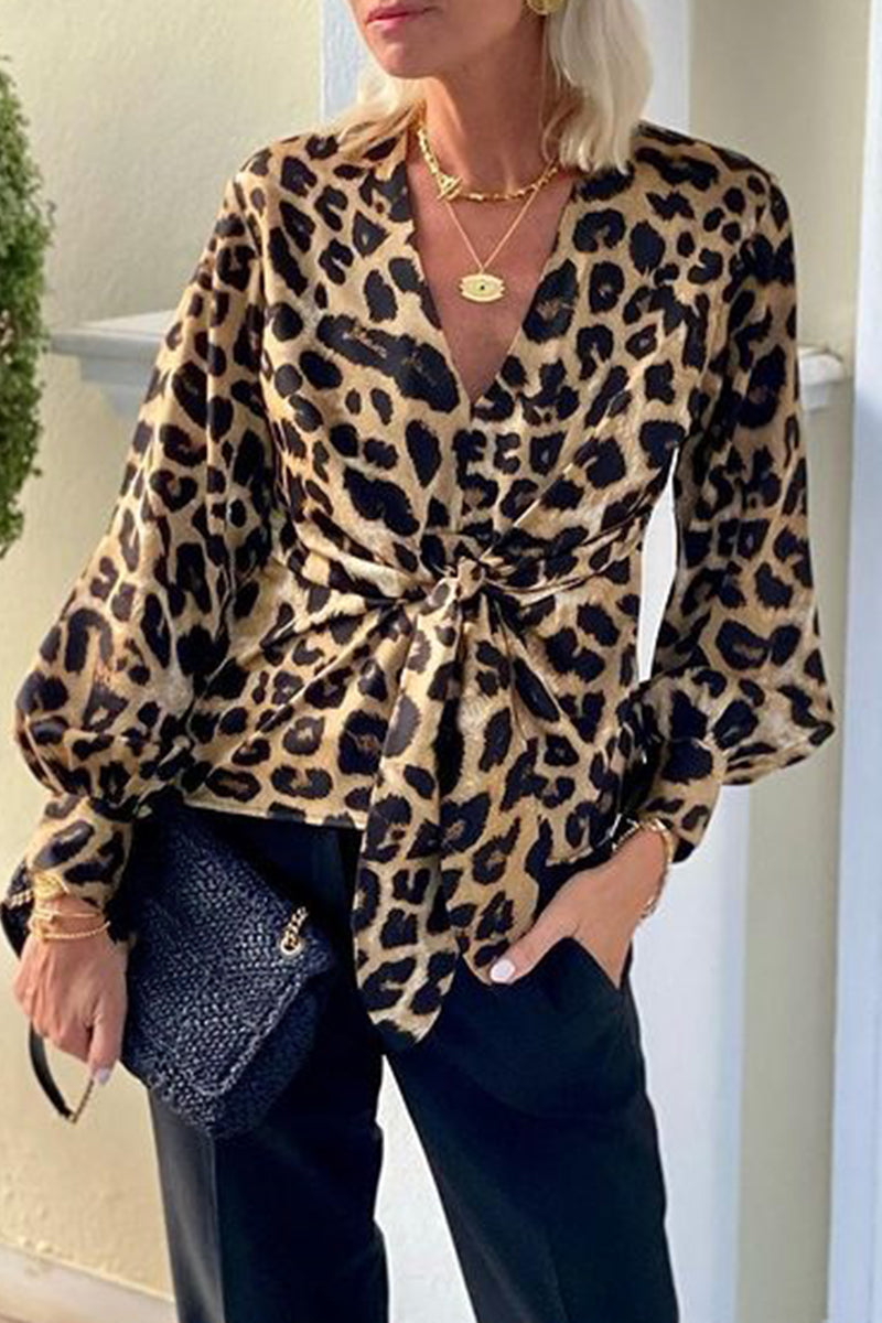 Street Elegant Leopard Print Lace Up V Neck Tops