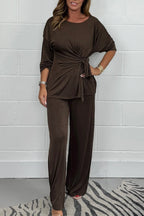 Casual Solid Color Lace Up Ruched O Neck Long Sleeve Two Pieces