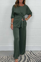 Casual Solid Color Lace Up Ruched O Neck Long Sleeve Two Pieces