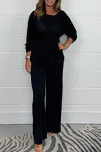 Casual Solid Color Lace Up Ruched O Neck Long Sleeve Two Pieces