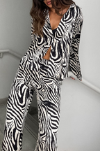 Casual Vacation Zebra Print Pocket Contrast Turndown Collar Long Sleeve Two Pieces