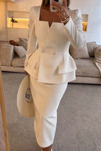 Elegant Solid Color Buttons Ruffle Square Neck Long Sleeve Two Pieces