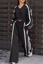 Casual Stripe Patchwork V Neck Long Sleeve Two Pieces