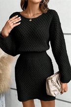 Casual Solid Color Hook Flower O Neck Waist Skirt Dresses