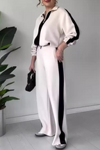 Casual Solid Color Draw String Pocket Patchwork Turndown Collar Long Sleeve Two Pieces