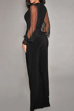 Casual Solid Color See-Through V Neck Regular Jumpsuits