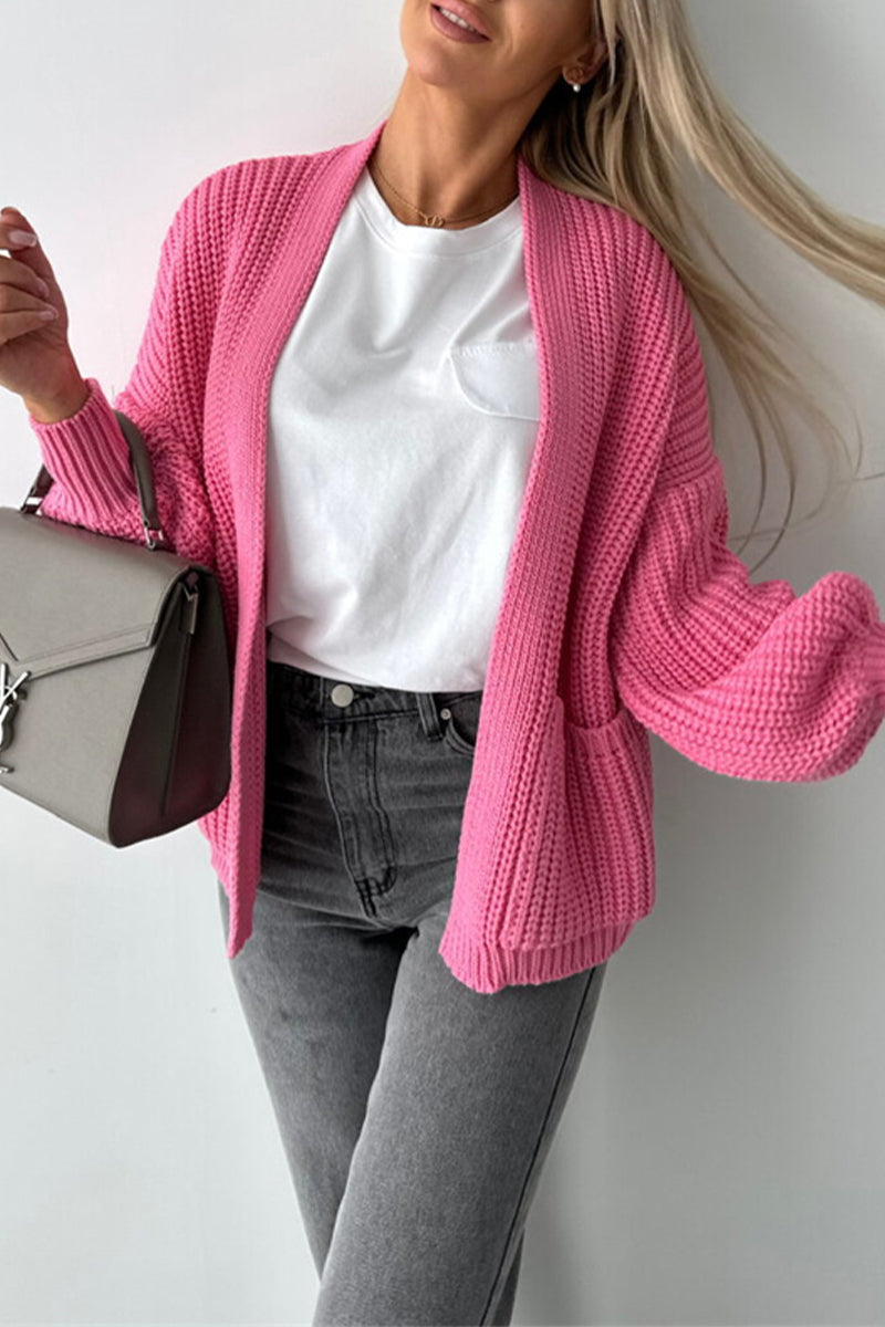 Casual Solid Color Pocket Weave V Neck Outerwear