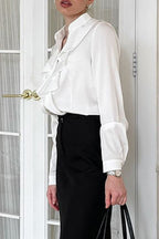 Casual Solid Color Buttons Ruffle Mandarin Collar Tops