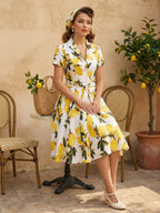 Vintage Printed Tea Dress for Women - 1950s A-Line Belted Short Sleeve Rockabilly Swing Midi Dress - Holiday Picnic 2026