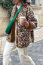 Casual Leopard Pocket Buttons Patchwork O Neck Outerwear