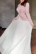 Elegant Solid Color Ruched Strap Design Contrast O Neck Waist Skirt Dresses