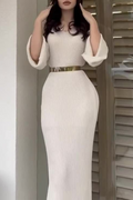 Casual Solid Color Buttons With Belt O Neck Long Sleeve Dresses