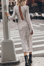 Casual Street Solid Color Sequins Backless O Neck Long Sleeve Dresses