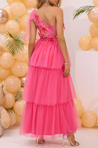Sexy Party Flowers Patchwork Irregular Mesh Sloping Shoulder Evening Dresses