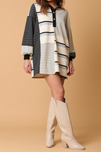 Casual Stripe Pocket Patchwork Contrast Turndown Collar Long Sleeve Dresses
