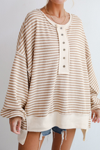 Casual Stripe Buckle Patchwork Contrast O Neck Tops