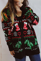 Casual Snowflakes Christmas Tree Buttons Weave Contrast V Neck Outerwear