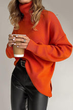 Casual Solid Color Slit Turtleneck Tops