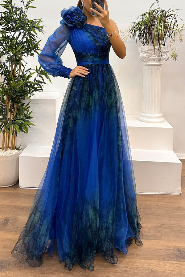 One Shoulder Floral Print Rosette Puff Sleeve Pleated Side Slit Maxi Dress