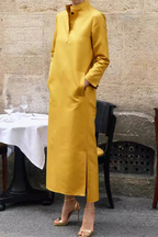 Casual Solid Color Pocket Buttons Slit Mandarin Collar Long Sleeve Dresses