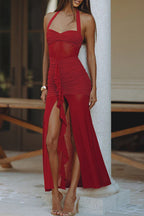 Sexy Patchwork High Slit Ruched Halter Dresses
