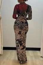 Sexy Print See-Through Turtleneck Long Dresses