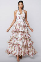 Elysiay White V-neck Printed Maxi Dress