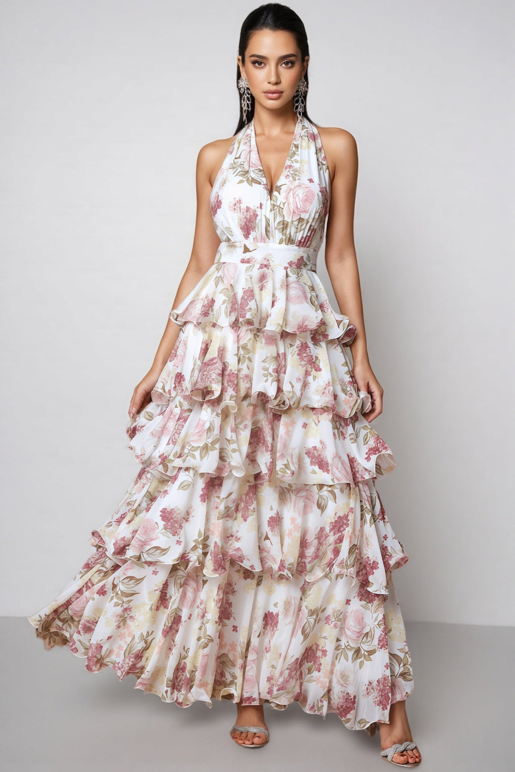 Elysiay White V-neck Printed Maxi Dress