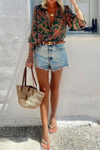 Casual Floral Print Contrast Turndown Collar Blouses