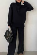 Casual Solid Color Patchwork Zipper Turndown Collar Long Sleeve Two Pieces