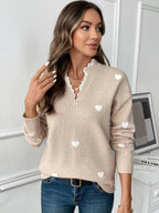 Heart Print V-Neck Sweater For Women 2026