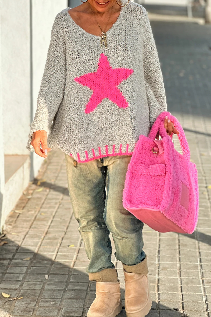 Casual Street The stars Weave Contrast V Neck Tops