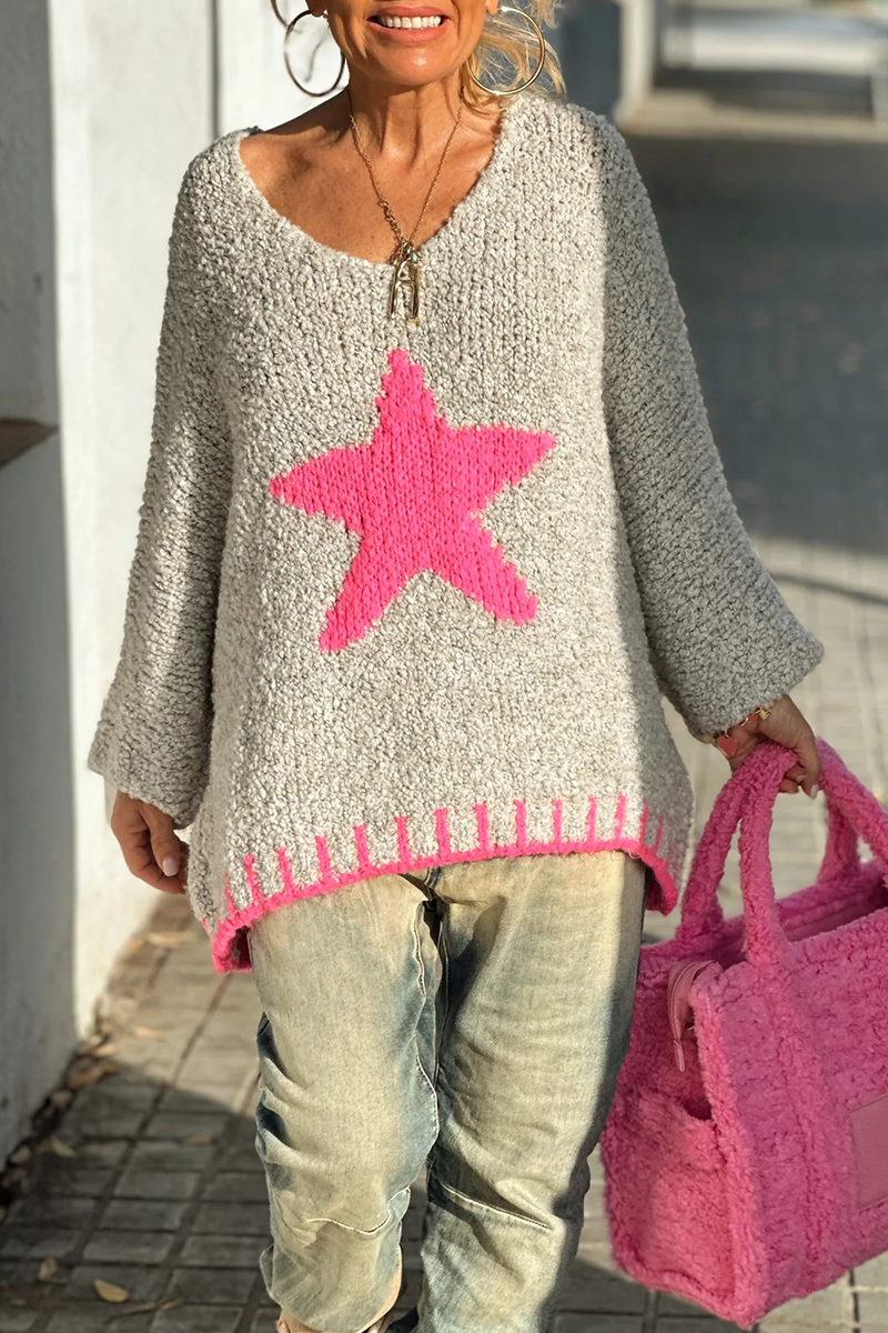 Casual Street The stars Weave Contrast V Neck Tops