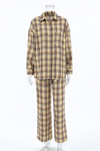 Casual Plaid Buttons Contrast Turndown Collar Long Sleeve Two Pieces