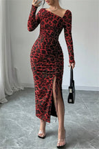 Sexy Casual Leopard Print Draw String Lace Up Slit Oblique Collar Long Sleeve Dresses