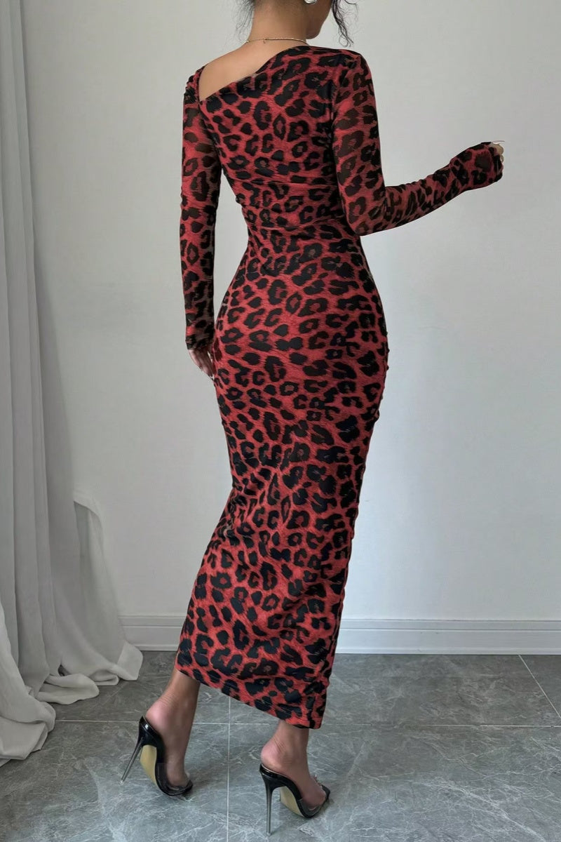 Sexy Casual Leopard Print Draw String Lace Up Slit Oblique Collar Long Sleeve Dresses