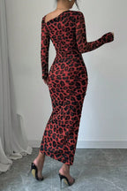 Sexy Casual Leopard Print Draw String Lace Up Slit Oblique Collar Long Sleeve Dresses