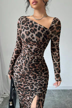 Sexy Casual Leopard Print Draw String Lace Up Slit Oblique Collar Long Sleeve Dresses