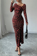 Sexy Casual Leopard Print Draw String Lace Up Slit Oblique Collar Long Sleeve Dresses