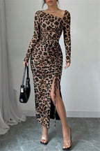 Sexy Casual Leopard Print Draw String Lace Up Slit Oblique Collar Long Sleeve Dresses