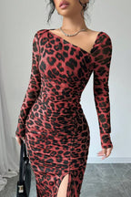 Sexy Casual Leopard Print Draw String Lace Up Slit Oblique Collar Long Sleeve Dresses