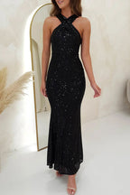 Sexy Formal Elegant Solid Color Sequins Backless V Neck Long Dresses