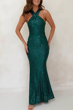 Sexy Formal Elegant Solid Color Sequins Backless V Neck Long Dresses