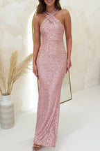 Sexy Formal Elegant Solid Color Sequins Backless V Neck Long Dresses