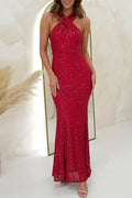 Sexy Formal Elegant Solid Color Sequins Backless V Neck Long Dresses