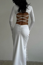 Sexy Solid Color Backless Slit Strap Design O Neck Long Sleeve Dresses