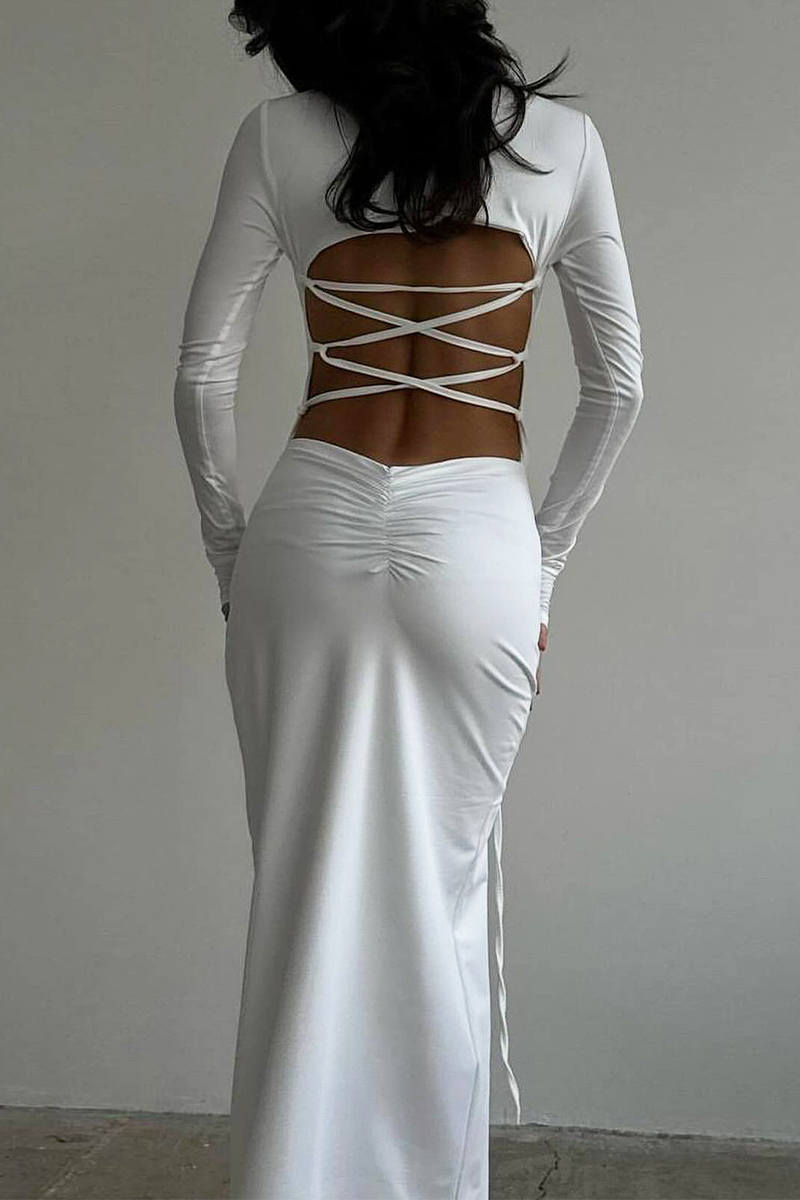 Sexy Solid Color Backless Slit Strap Design O Neck Long Sleeve Dresses