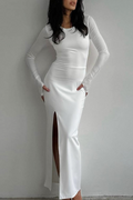 Sexy Solid Color Backless Slit Strap Design O Neck Long Sleeve Dresses